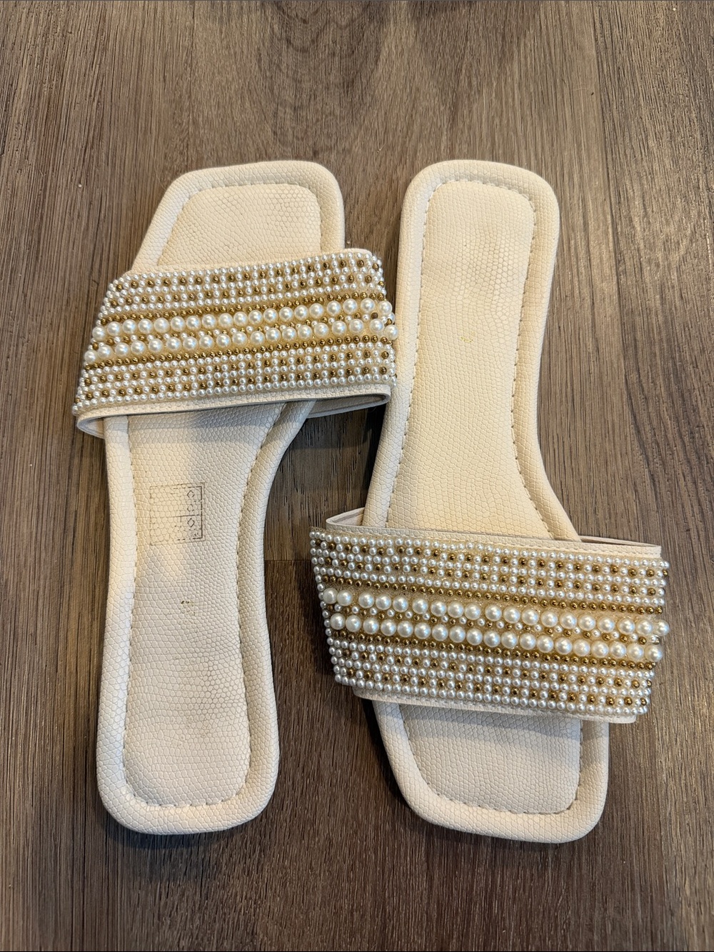 Amazon Pearl-Embellished Ivory Slide Sandals